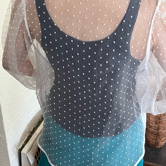 ZARA Mesh Polkadot Puff Sleeve White Collard Shirt, size Large - Picture 4 of 5